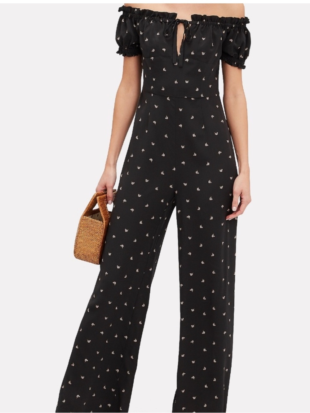 Intermix Women’s black Annabel Off The Shoulder Silk Floral Jumpsuit NWOT Size 2